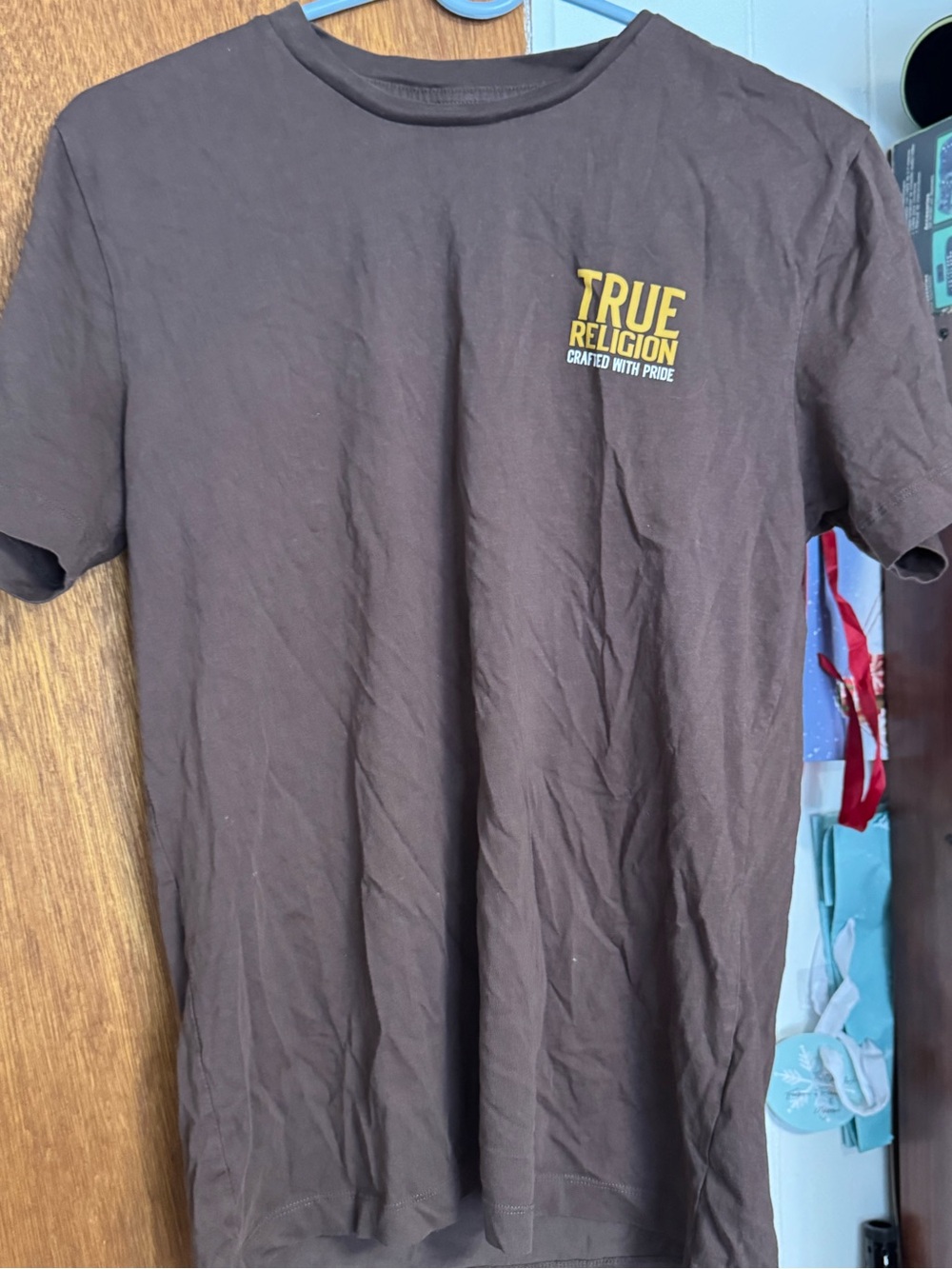 True Religion Brown Short Sleeve Tee with Yellow Chest Logo